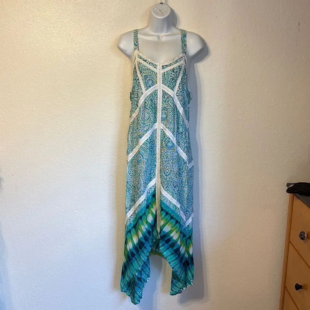 Green Dragon Paisley Print Shark Bite Hem Midi Dress XL